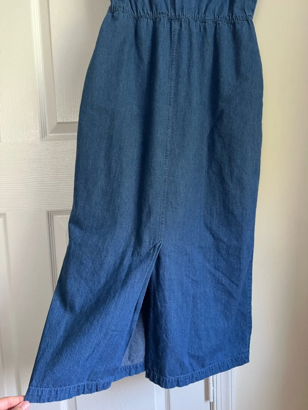 Vintage Lands’ End Blue Denim Sleeveless Button Down Elastic Waist Midi Dress 12 - Picture 8 of 9